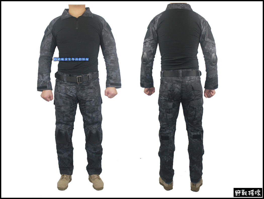美軍 Gen2 戰術青蛙裝【黑色蟒蛇紋迷彩】上衣+褲子(含護膝護肘)